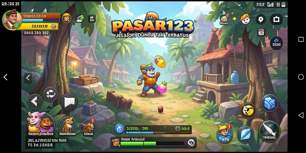 Screenshot menunjukkan pemain menjelajahi pemandangan indah di PASAR123.